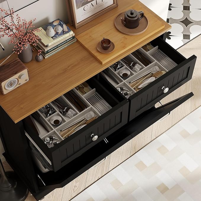 20 Gallon Tilt Out Trash Cabinet, Wooden Kitchen Trash Can Cabinet with Hideaway Drawer, Freestanding Laundry Hamper Garbage Recycling Cabinet on Wheels, Pet Proof, Double, Black-DeskLoop Office