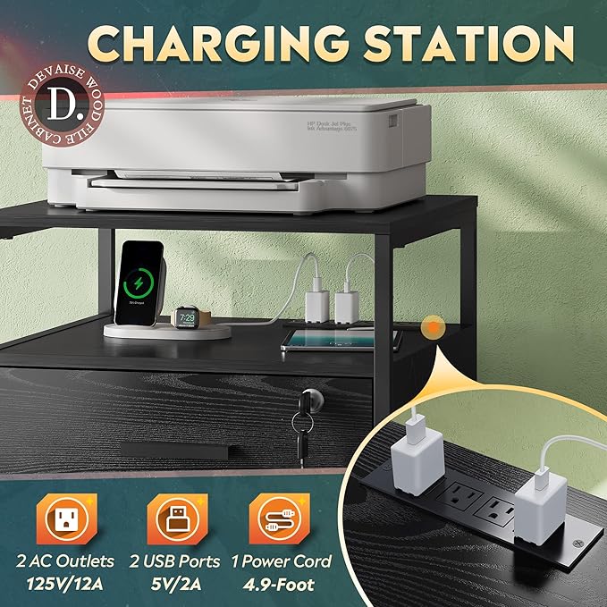 DEVAISE 2 Drawer File Cabinet with Lock and Charging Station, Wood Filing Cabinet fits A4 or Letter Size, Mobile Printer Stand with Open Storage Shelf for Home Office, Black-DeskLoop Office