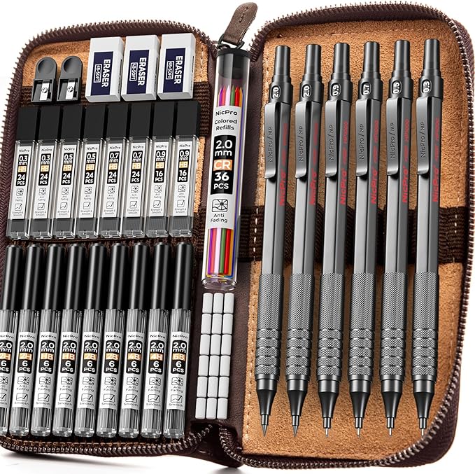 Nicpro 33PCS Black Metal Mechanical Pencil Set in Leather Case, Art Drafting Pencil 0.3, 0.5, 0.7, 0.9 mm, 2mm Lead Holders for Sketching Drawing with 18 Tube (6B 4B 2B HB 2H 4H Colors) Lead Refills-DeskLoop Office