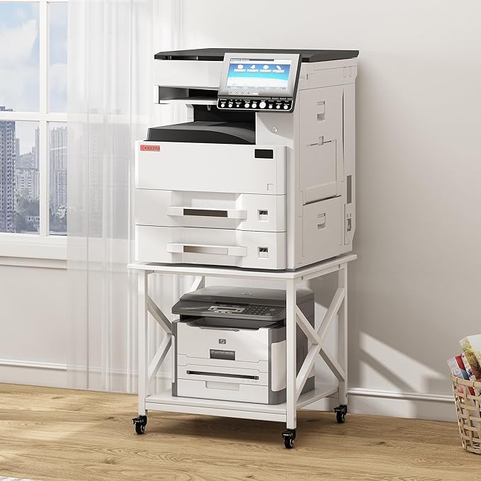 23.6 x 23.6 Inches Large Printer Stand, 2 Tier Square Printer Table with Storage Shelf for Home Office, Multi-use Rolling Cart with Wheels for Laser, 3D Printer and Mini Fridge - White-DeskLoop Office