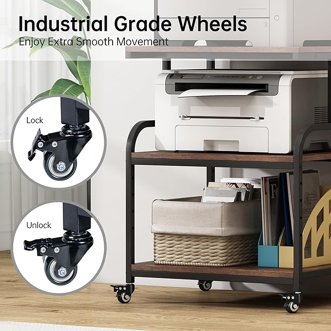 Large Printer Stand with Adjustable Storage Shelf, 3 Tier Printer Cart with Wheels for Home Office Organization, Rolling Table Stand for Heat Press Mini Fridge, Industrial Style-DeskLoop Office