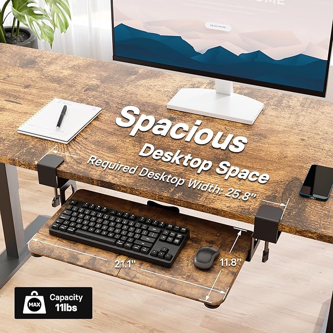 BONTEC KMT01 Under Desk Keyboard Tray, Pull-Out Keyboard & Mouse Platform with C-Clamp, 25.6 x 11.8 in Space-Saving Ergonomic Slide-Out Drawer, Rustic Brown-DeskLoop Office