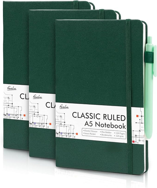 feela 3 Pack Notebooks Journals Bulk with 3 Black Pens, A5 Hardcover Notebook Classic Ruled Lined Journal Set with Pen Holder for Work Business Journaling Note Taking, 120 GSM, 5.1”x8.3”, Dark Green-DeskLoop Office