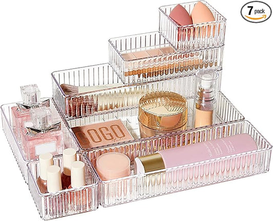 Vtopmart 7 PCS Clear Drawer Organizers Bins, 4-Size Stackable Makeup and Vanity Drawer Organizer Trays, Acrylic Bathroom Drawer Storage Containers for Cosmetic, Office Supply, Kitchen Utensils Gadgets-DeskLoop Office