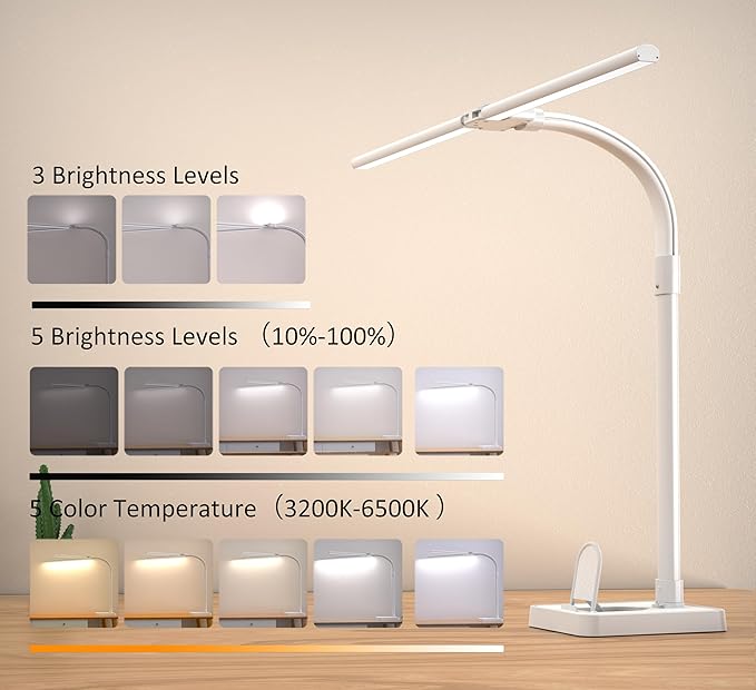 Double Head LED Desk Lamp, Architect Desk Lamps for Home Office, 24W Brightest Workbench Office Lighting-5 Color Modes and 5 Dimmable Eye Protection Modern Desk Lamp (White-Desktop, Big)-DeskLoop Office