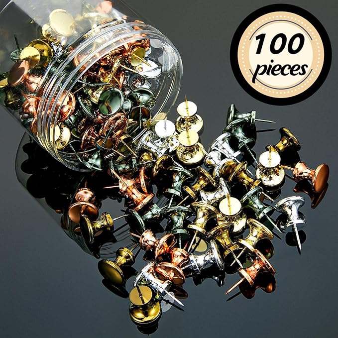 Outus 100 Pcs Giant Push Pins Large Thumb Tacks Plastic Heads 1 Inch Jumbo Push Pins for Cork Board Map Posters Office School(Gold, Silver, Bronze, Rose Gold, Gray)-DeskLoop Office