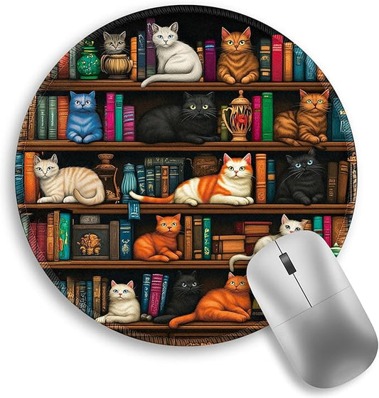 Cats and Bookshelf Mouse Pad, Small Round Mouse Pads for Desk, Mini Travel Mousepad for Wireless Computer Laptop, Office Desk Accessories, 8.6 x 8.6 inch-DeskLoop Office