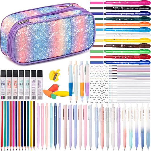78 PCS Writing & Drawing Set with Cute Pen Case, Office Back to School Supplies Stationary 12 Pastel No Bleed Highlighters, 10 Mechanical Pencils Set 0.5 0.7 & 2.0mm, 6 Colored And 10 Black Gel Pens-DeskLoop Office