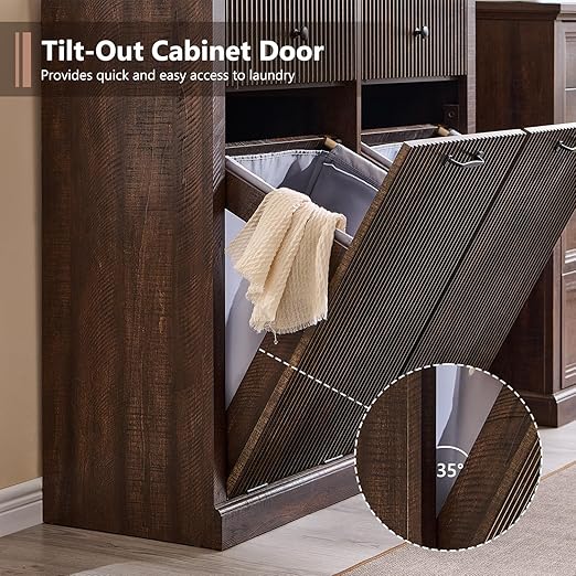 Modern Double Tilt-Out Trash Cabinet, 20 Gallon Fluted Laundry Hamper Cabinet with 2 Drawers, Wooden Hidden Garbage Can Cabinet w/Storage Basket,Free Standing for Kitchen & Living Room, Brown-DeskLoop Office