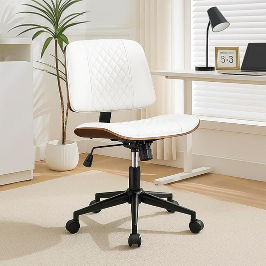 Stylish White Home Office Chair – Armless PU Leather Mid-Back Chair with Adjustable Height, Swivel Wheels, Walnut Finish for Study, Bedroom, or Dorm Room-DeskLoop Office