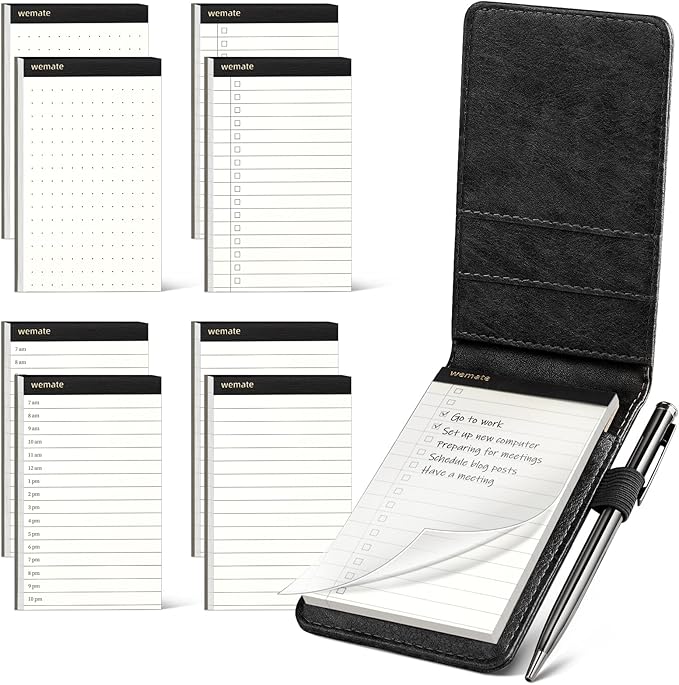 WEMATE 10 Pieces Small Notepad Holder Set Pocket Notebook - Included Mini Pocket Notepad Holder Set with 8 Memo Book Refills and Metal Pen for Meetings, Daily Records, and Notes 3 x 5 Inch (Black)-DeskLoop Office