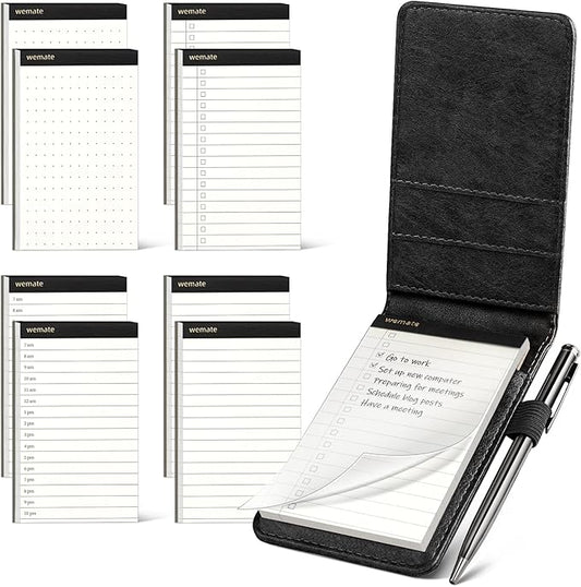 WEMATE 10 Pieces Small Notepad Holder Set Pocket Notebook - Included Mini Pocket Notepad Holder Set with 8 Memo Book Refills and Metal Pen for Meetings, Daily Records, and Notes 3 x 5 Inch (Black)-DeskLoop Office