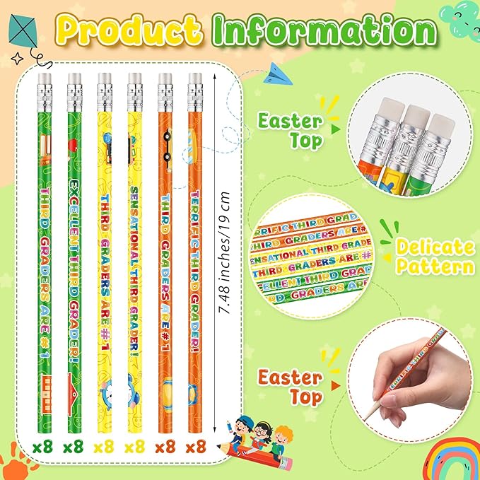 Tenceur 48 Pcs 3rd Graders Pencils, 3 Motivational Cute Pencils Bulk with Erasers for Kids Student Teacher Classroom Reward Back to School Supplies
