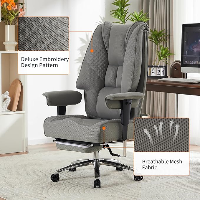 Big and Tall Office Chair 400lbs Wide Seat, Leather High Back Executive Office Chair with Foot Rest, Ergonomic Chairs Lumbar Support for Lower Back Pain Relief (Mesh Light Grey)-DeskLoop Office