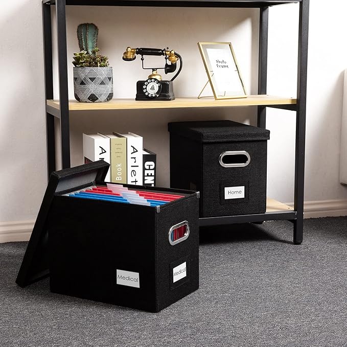 PRANDOM File Organizer Box - Set of 4 Collapsible Decorative Linen Filing Storage Hanging File Folders with Lids Office Cabinet Letter Size Black (14x9.3x10.8 inch)-DeskLoop Office