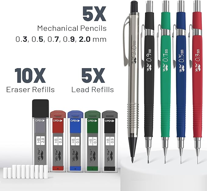 Mr. Pen Mechanical Pencil Set with Lead and Eraser Refills, 5 Sizes - 0.3, 0.5, 0.7, 0.9 and 2 Millimeters, Drafting, Sketching, Illustrations, Architecture, Back to School Supplies-DeskLoop Office