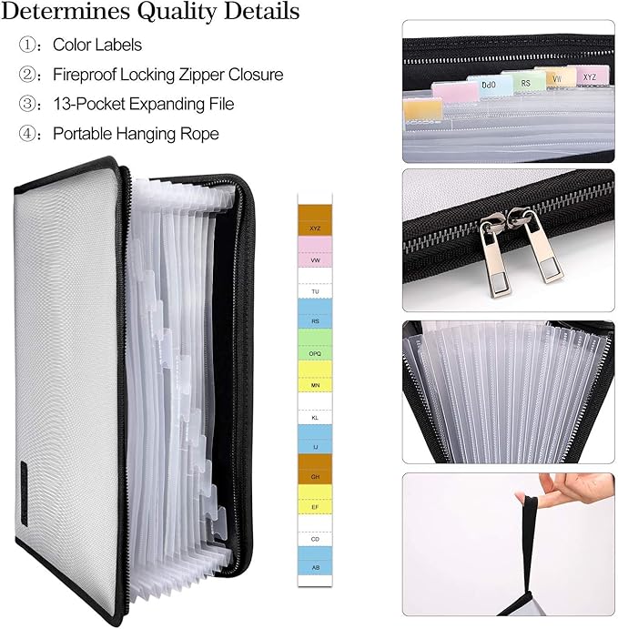 ENGPOW Expanding File Folder Important Document Organizer Fireproof and Waterproof Document Bag with A4 Size 13 Pockets Zipper Closure Non-Itchy Silicone Coated Portable Filing Wallet Pouch(Silver)-DeskLoop Office