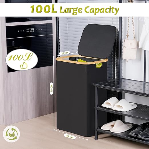 efluky Recycling Bin Holder 100L, 26 Gallon Trash Can with Lid, Garbage Bag Holder for Yellow Bags, Easy Removal, (Inner Bag Not Included) -Black-DeskLoop Office