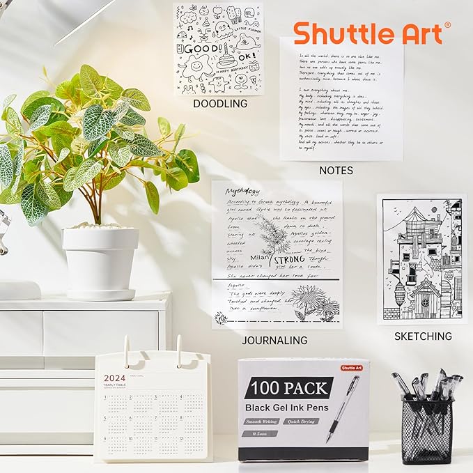 Shuttle Art Black Gel Pens, 100 Pack Fine Point Black Ink Pens Bulk, 0.5mm Rollerball Gel Ink Pens Smooth Writing with Comfortable Grip for Office, School and Home-DeskLoop Office