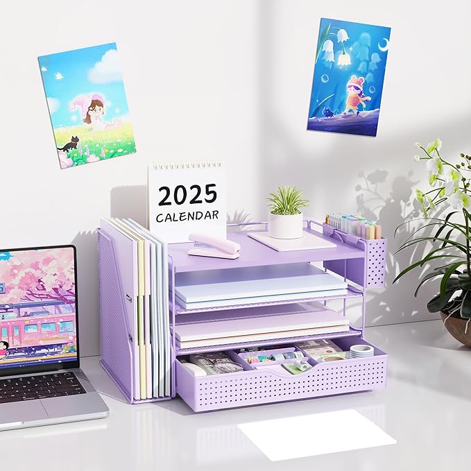 Wood Desk Organizers and Accessories with File Holder, 4-Tier Desk Accessories & Workspace Organizers with Drawer and Pen Holder, Paper Organizer for Office Supplies (Purple)-DeskLoop Office