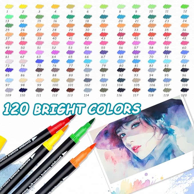 120 Colors Dual Markers Brush Pens, Art Markers Colored Pens for Adult Coloring Books, Brush and Fine Point Dual Tip Artist Colored Marker Set for Drawing Adult Coloring Hand Lettering-DeskLoop Office
