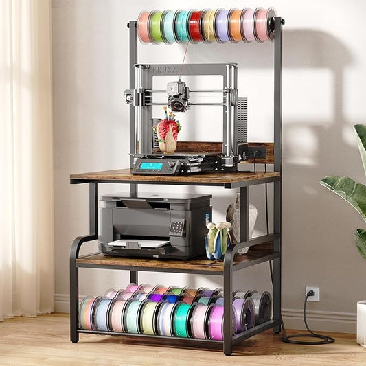 Homieasy Printer Stand with Charging Station, 29.1" x 22.8" Large 3D Printer Table with Filament Storage, Heavy Duty Rolling Printer Cart with 4-Tier Storage for Workshop/Office/Garage, Rustic Brown-DeskLoop Office