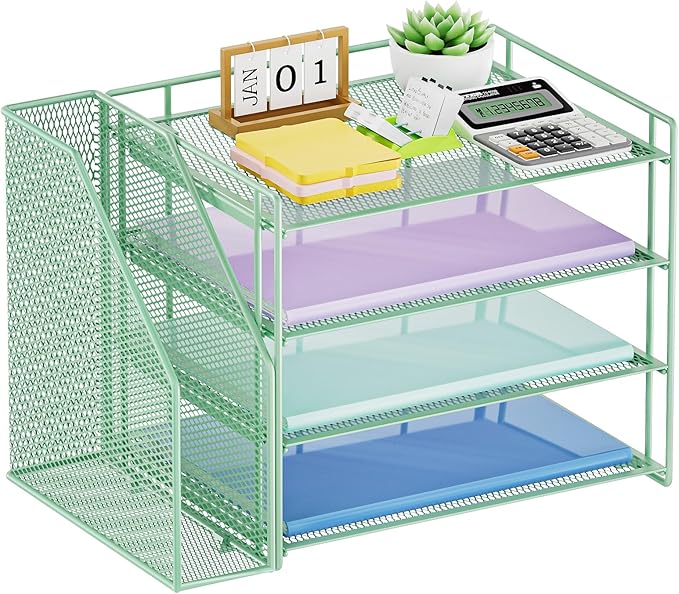 Marbrasse Desk Organizer and Accessories,4-Tier Paper Letter Tray Organizer with File Holder,Desk Accessories & Workspace Desktop Organizers for School Home Office Supplies (Green)-DeskLoop Office