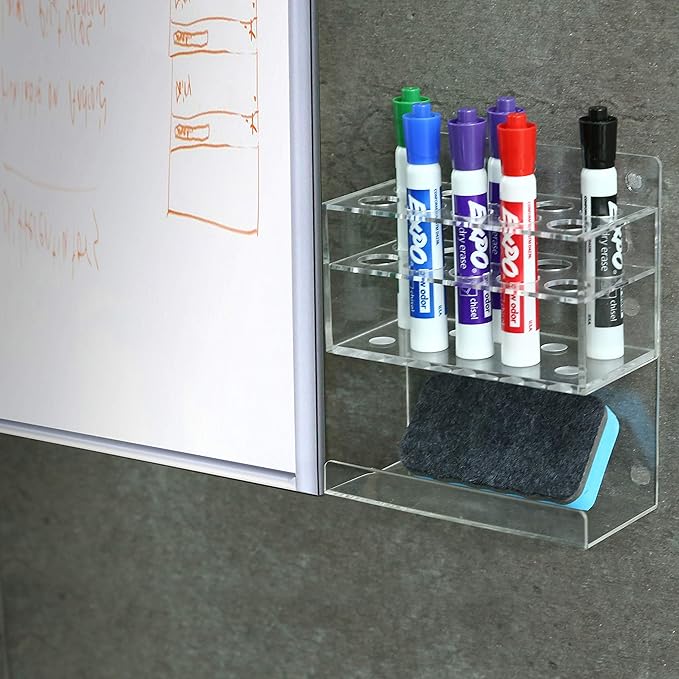 MyGift Dry Erase Marker Holder 10 Slots Whiteboard Marker Holder For Wall Dry Erase Eraser Holder Wall Mount Clear-DeskLoop Office