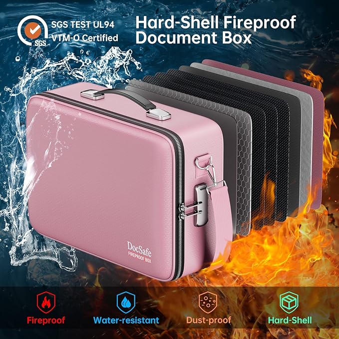 DocSafe Fireproof Document Box with Lock, Hard Case File Organizer with Accordion File Folder, Fireproof Water Resistant Safe Box Home Office Travel Storage for Important Documents Laptop Pink-DeskLoop Office