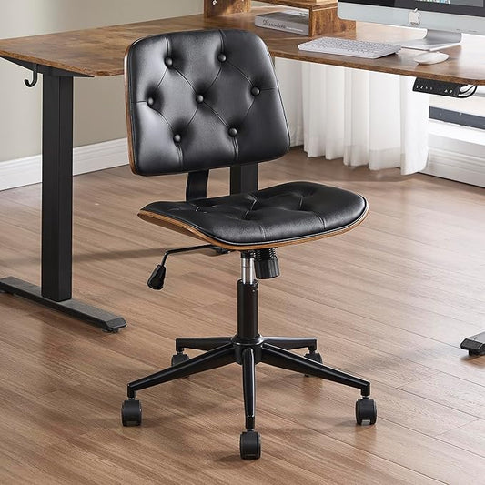 Small Home Office Chair - Armless Mid Back Desk Chair with 360° Swivel and Wheels, PU Upholstered Height Adjustable Modern Walnut Computer Chair for Home, Office Meeting Room - Black-DeskLoop Office