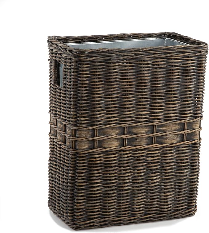 The Basket Lady Large Rectangular Wicker Waste Basket with Metal Liner, 14.5 in L x 9 in W x 18 in H, Antique Walnut Brown-DeskLoop Office