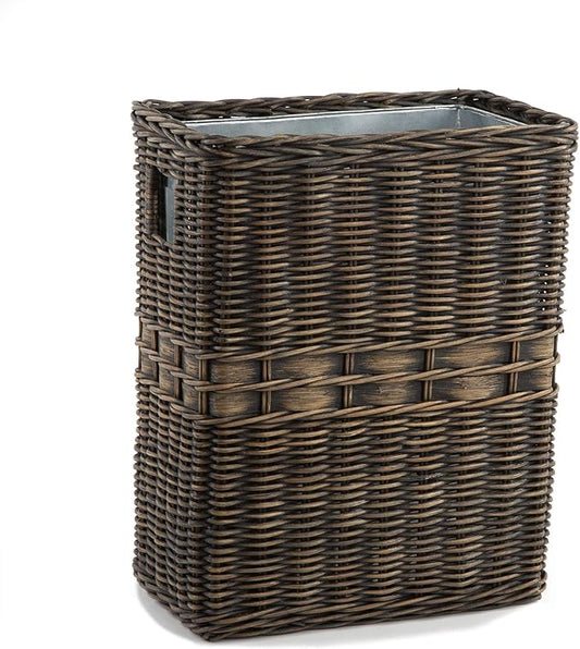 The Basket Lady Large Rectangular Wicker Waste Basket with Metal Liner, 14.5 in L x 9 in W x 18 in H, Antique Walnut Brown-DeskLoop Office