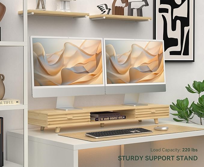 Bamboo Monitor Stand with Drawer - Desk Organizer with Cable Management & Storage, Ergonomic Laptop Riser for Home Office (220lbs Capacity, 39 inch ,Natural)-DeskLoop Office