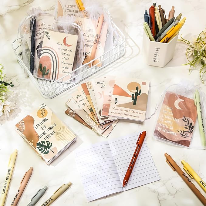 Mooliwe 12 Set/24 Pcs Positive Affirmation Gift Set Gratitude Notebooks with Pens Small Bags Motivational Encouragement Notepads Daily Affirmations Journal for Women Stress Relief Self Care(Rainbow)-DeskLoop Office