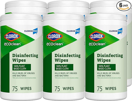 CloroxPro Clorox EcoClean Disinfecting Wipes, Multipurpose 100% Plant Based Cleaning Cloths, Antibacterial Disinfectant, Safe for Multi Surface Use, 75 Count (Pack of 6)-DeskLoop Office
