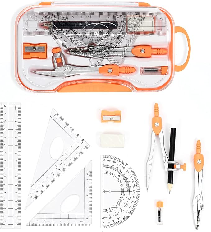 Math Geometry Kit Sets 10 Piece Student Supplies with Shatterproof Storage Box,Includes Rulers,Protractor,Compass,Eraser,Pencil Sharpener,Lead Refills,Pencil,for Drafting and Drawings(Orange)