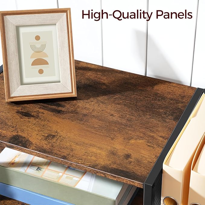 Home Printer Stand for Desk, Desktop Printer Table with Storage Drawer and Side Book Stand, 2-Tier Printer Shelf, Desk Organizer for Home Office, Rustic Brown and Black PTHR3001-DeskLoop Office