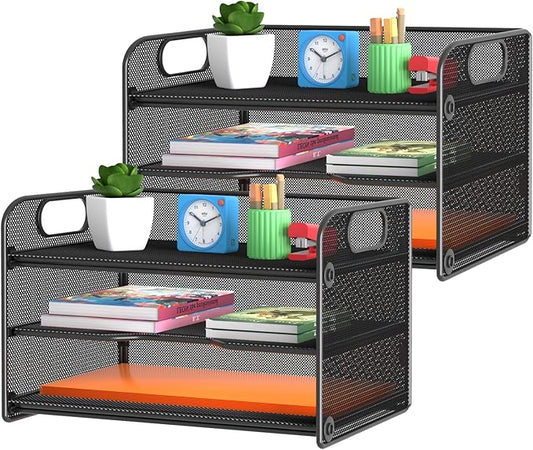 samstar 2 Pack 3 Tier Letter Tray Paper Organizer with Handle, Mesh Desk Organizer Paper Sorter File Rack Shelves, Black-DeskLoop Office