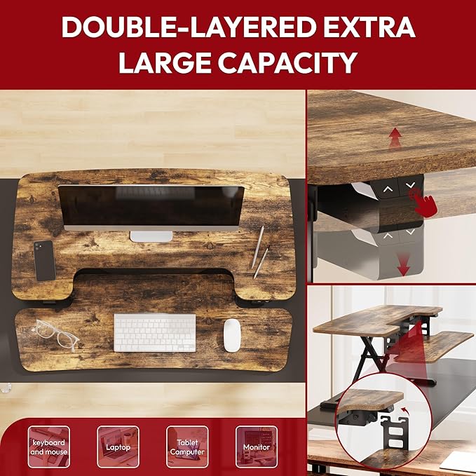 SANODESK Standing Desk Converter with Electric Motor 35" Height Adjustable Desk Riser for Office Home,Monitor and Laptop Workstation with Large Keyboard Tray,Rustic Color-DeskLoop Office