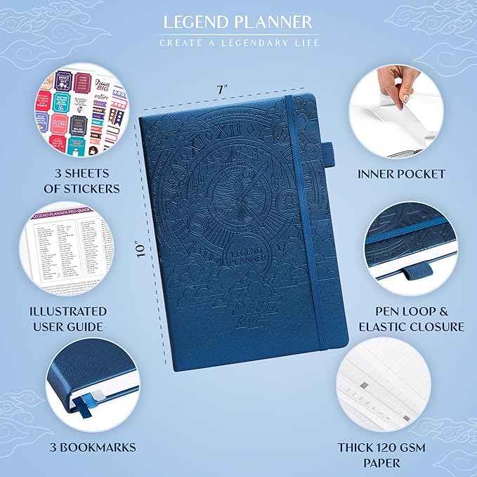 Legend Planner PRO – Deluxe Weekly & Monthly Life Planner to Increase Productivity and Hit Your Goals. Time Management Organizer Notebook – Undated – 7 x 10" Hardcover + Stickers – Mystic Blue-DeskLoop Office