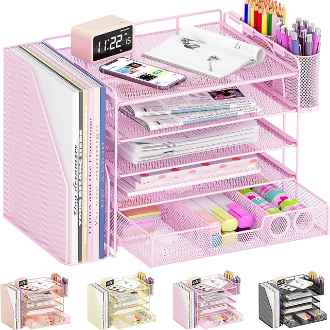 Desk Organizers and Accessories, 5-Tier Paper File Organizer with Drawer & Pen Holder, Office Desk Accessories Workspace Desktop Organizer for Office Supplies((Pink)-DeskLoop Office