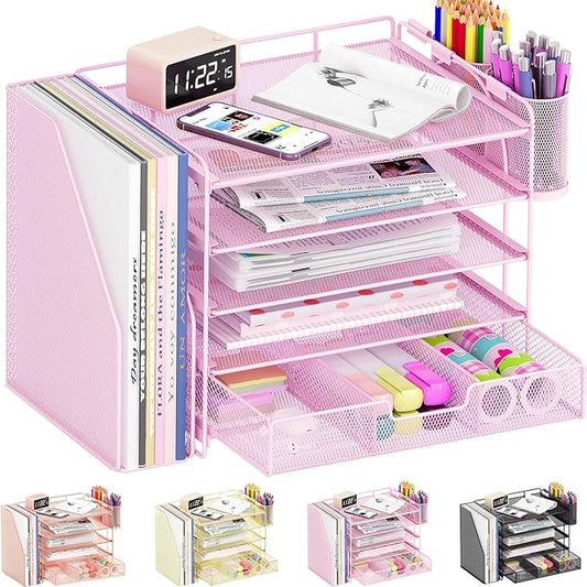 Desk Organizers and Accessories, 5-Tier Paper File Organizer with Drawer & Pen Holder, Office Desk Accessories Workspace Desktop Organizer for Office Supplies((Pink)-DeskLoop Office
