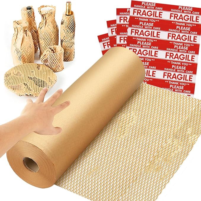 Honeycomb Packing Paper Wrap 15''x328', Substitute Alternative for Bubble Cushioning Wrap for Moving Shipping Packaging, Recyclable Moving Supplies with 48 Fragile Sticker Labels-DeskLoop Office