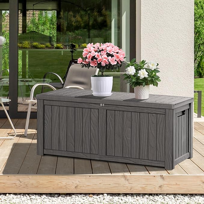 150 Gallon Resin Deck Box, Waterproof Outdoor Storage Bin for Patio Furniture, Pool Accessories, and Garden Tools, Lockable & UV-Resistant, Grey-DeskLoop Office