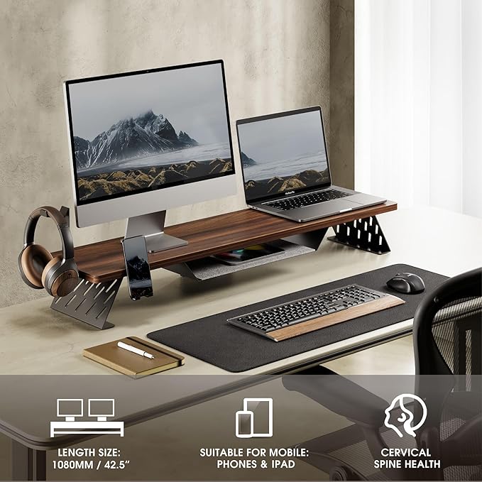 Fenge Dual Monitor Stand, 42.5 Inch Monitor Riser for Desk, Wood Desk Shelf for 2 Monitors, 2 Tier Monitor Shelf with Headphone Stand & Phone Holder-DeskLoop Office