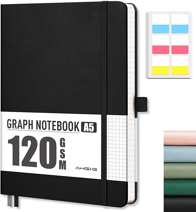 AHGXG Graph Paper Notebook - Grid Notebook Journal A5, 120 GSM Thick Graph Paper, 160 Pages, Leather Hardcover, for Graphing, Writing, Math, Engineering, 5.75'' × 8.38''- Black-DeskLoop Office