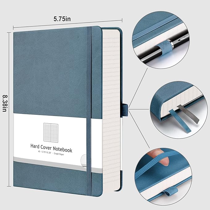 AHGXG Graph Paper Notebook - 320 Pages Grid Notebook Thick Journal A5, 100gsm Thick Graph Paper, Leather Hardcover, Inner Pocket,5.75'' × 8.38''- GrayBlue-DeskLoop Office