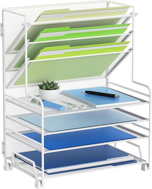 4-Tier Paper Organizer + 3-Pocket File Holder + Drawer + Pen Holders, Desktop File Organizers Paper Tray for Office Supplies School Classroom Organization (White, no Drawer & Pen Holder)-DeskLoop Office