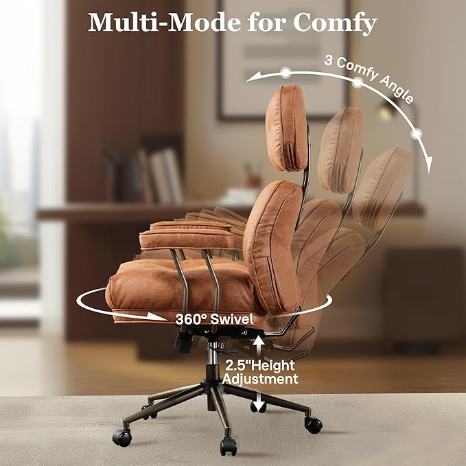 Mid Century Modren Big and Tall Office Chair,Large Ergonomic Executive Chair for Heavy Duty People, Computer Desk Task Chair with Wheels, Faux Lether Fabric Wide Chair for Home Sturdy,Brown(Suede)-DeskLoop Office