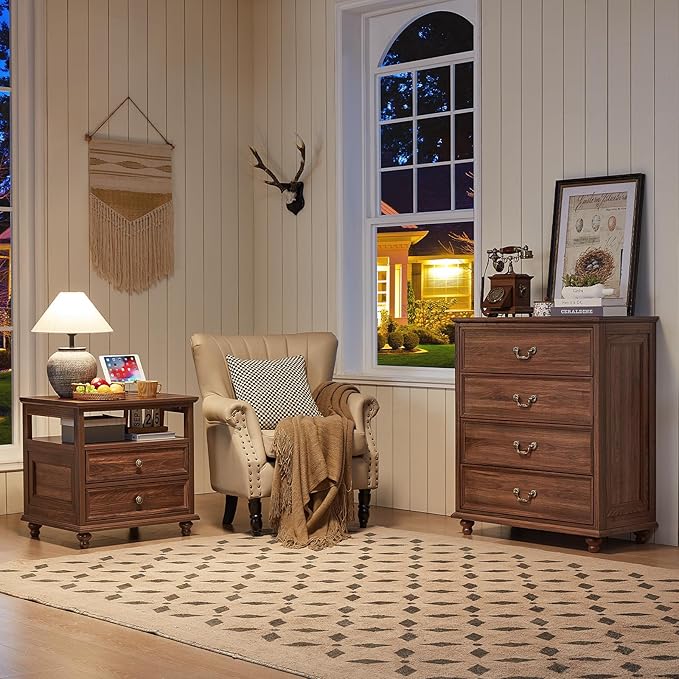 Farmhouse 4 Drawer Dresser for Bedroom, 37" Tall Rustic Chests of Drawers w/ 4 Solid Wood Feet, Mid Century Modern Wooden Closet Storage Dressers Organizer for Living Room, Hallway, Brown-DeskLoop Office